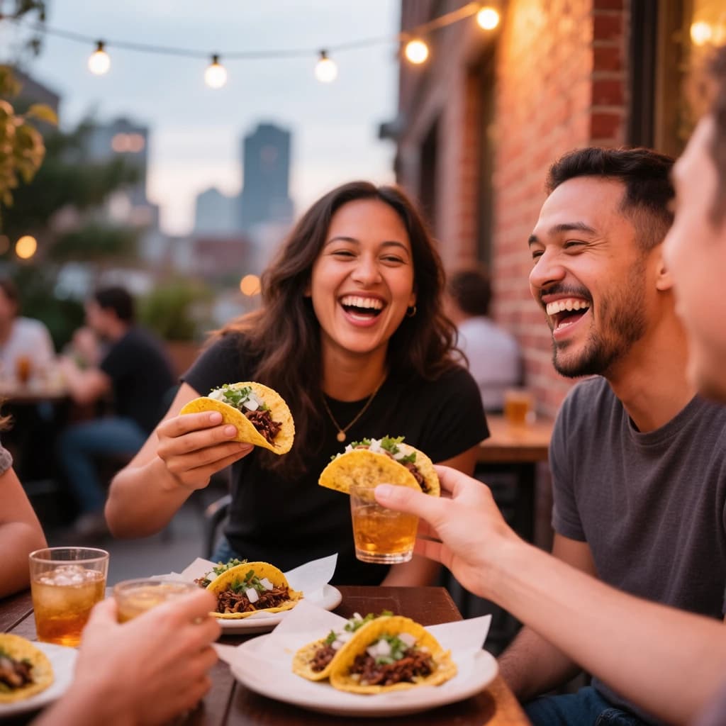 Friends laugh over street tacos at dusk, candid, shallow depth.