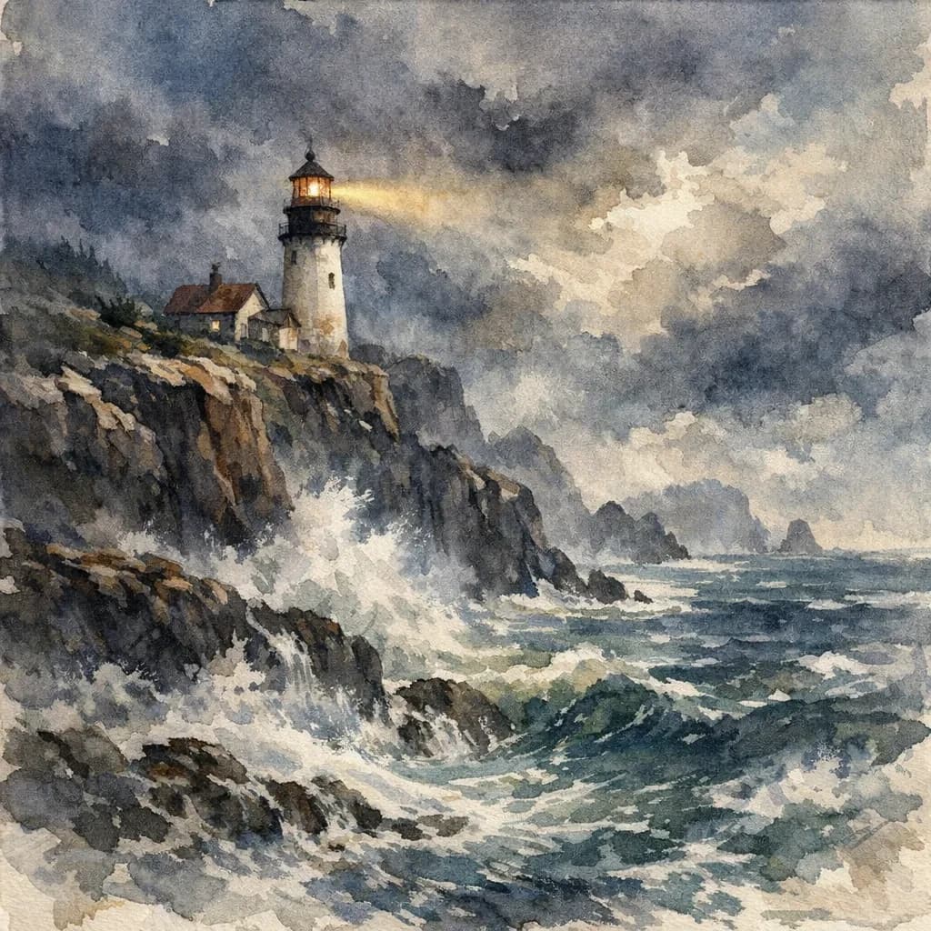 Please paint a watercolor of stormy cliffs and a lighthouse, moody sky.