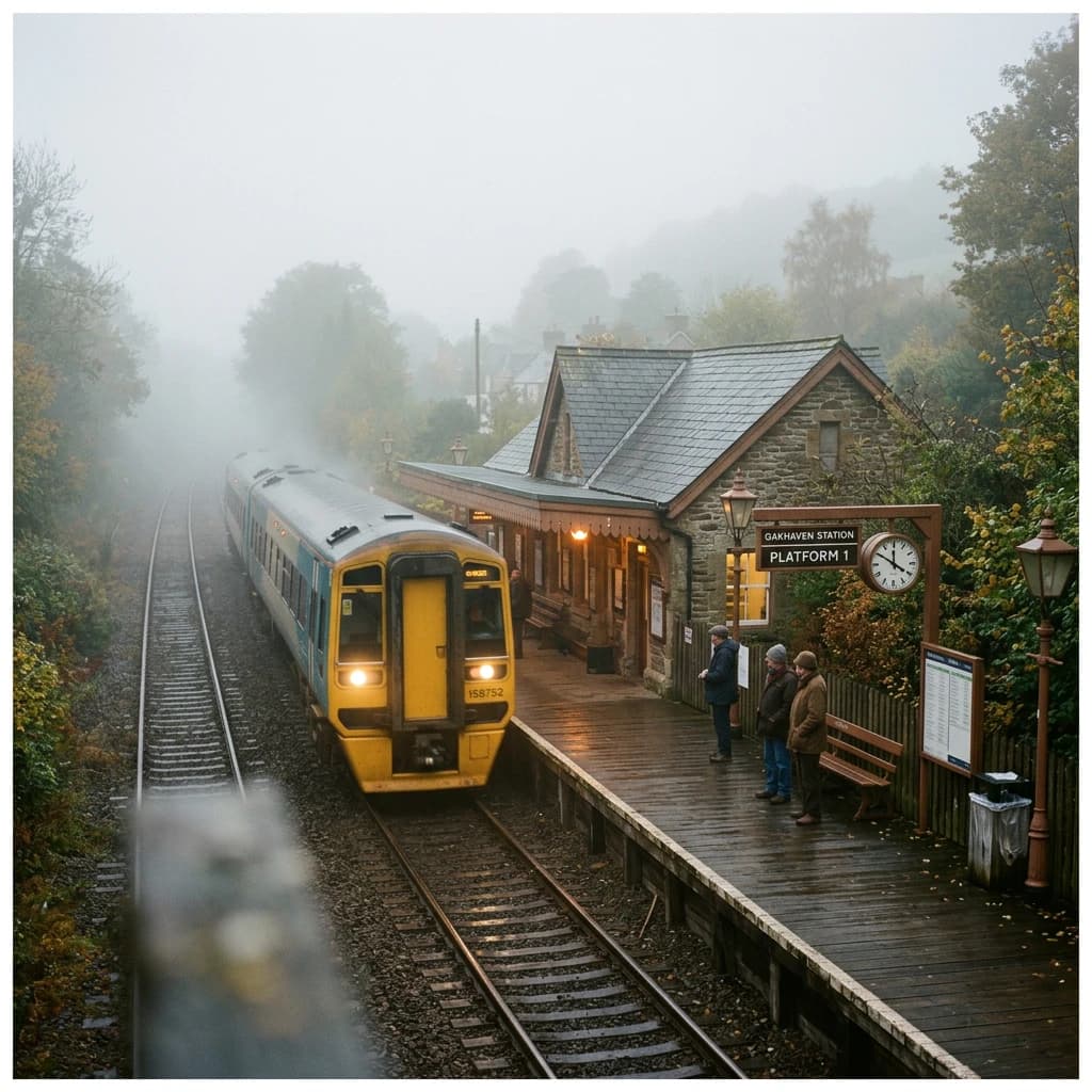 A commuter train enters a foggy little station.