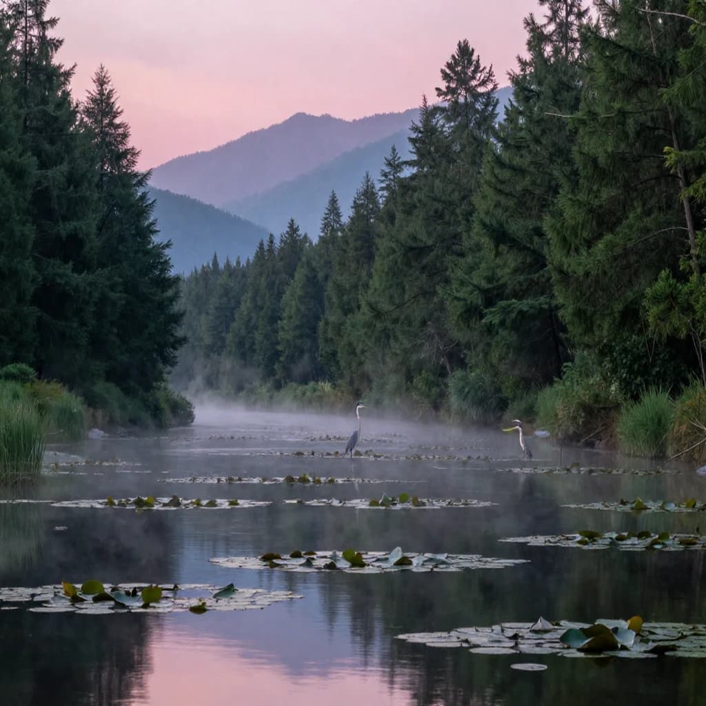 With pre-dawn mist along a cedar forest river and glassy water dotted with lily pads, distant mountains blush pink, and a heron stands still like it forgot what to do next.