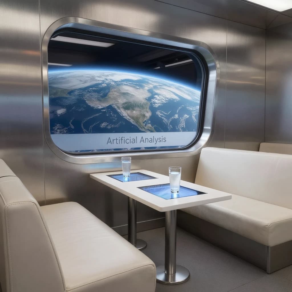 The orbital lounge has brushed aluminum walls and pale leather banquettes. Low white tables are inset with glowing touchscreens. Drinks are clear, flavorless, in tall unmarked glasses. The viewport is floor-to-ceiling, showing Earth moving slowly beneath. The word Artificial Analysis is etched discreetly on the glass in a frosted band.