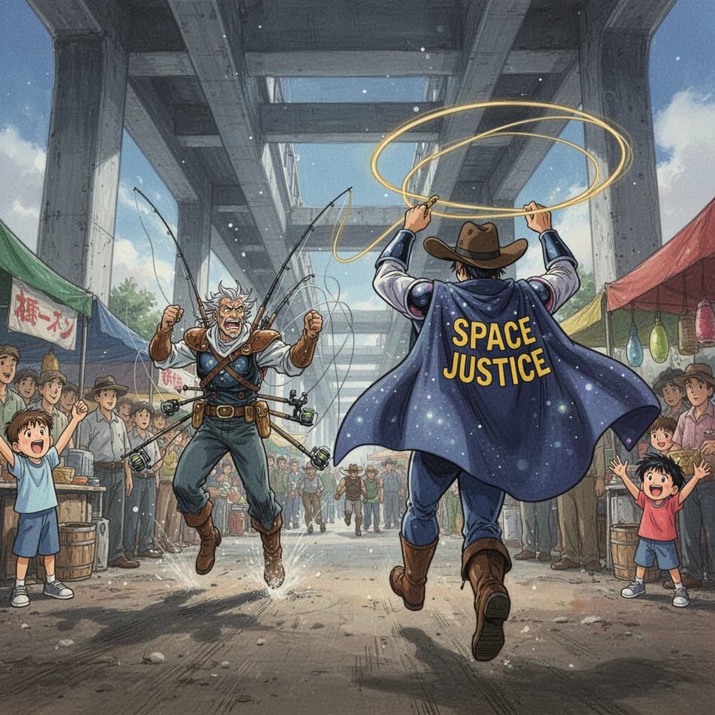 The space cowboy chases the deranged fisherman underneath the causeway, eager to collect on his bounty. Fishing rods and lines hang off the back off the fishermen as he darts between the bustling market crowd. We see the back of the space cowboy in his space poncho emblazoned with the words SPACE JUSTICE, spinning his lasso over his head. A child on the sidelines excitedly cheers the cowboy. 1990s hand drawn anime style with strong fluidity