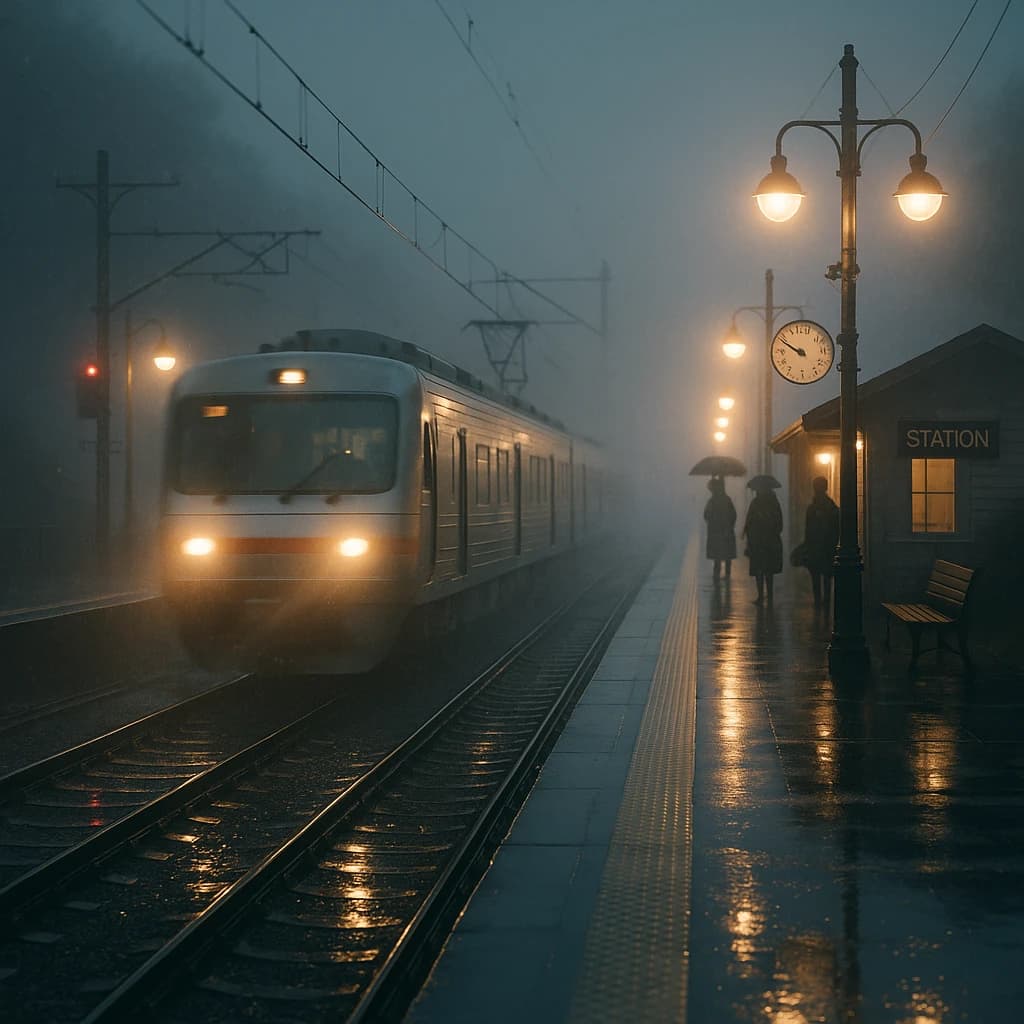 A commuter train enters a foggy little station.