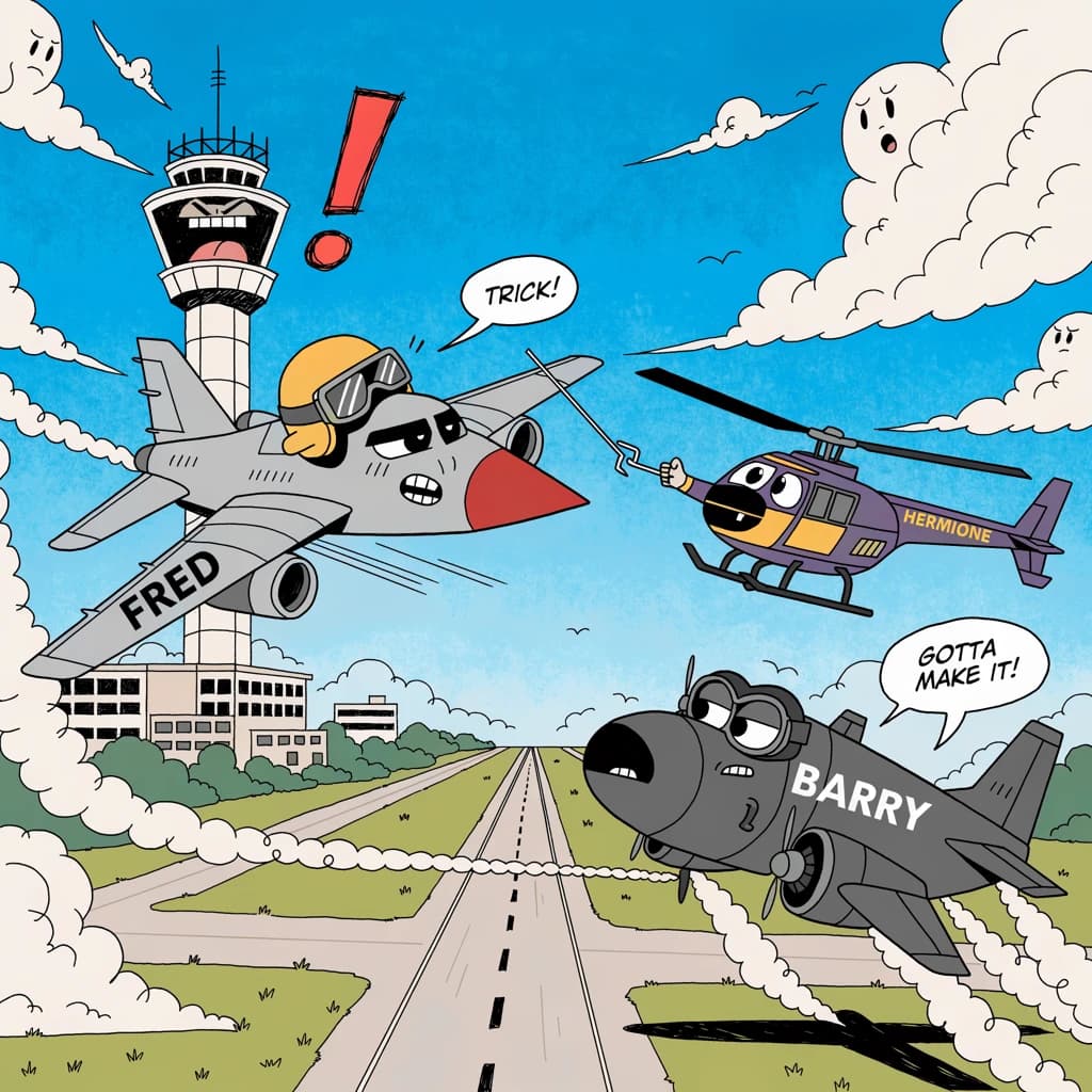 Almost at the runway, Fred the Fighter Jet is racing with Barry the Bomber to see who lands first. Fred has a mischievous trick up his sleeve but Hermione the Helicopter is going to stop him before he gets the chance. The control tower is very angry and has a big exclamation mark. Hand drawn cel look