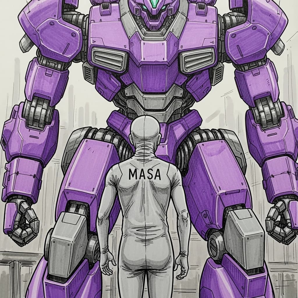 Clad in his body suit up to the neck, young Masa nervously approaches the towering mech with his back facing us. He is nervous for his first time in the field. The mech's bright purple colour scheme contrasts with the grey body suit. The scale of the mech dwarfs Masa. Hand drawn style