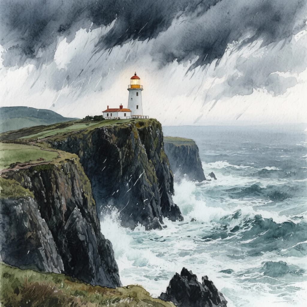 Please paint a watercolor of stormy cliffs and a lighthouse, moody sky.