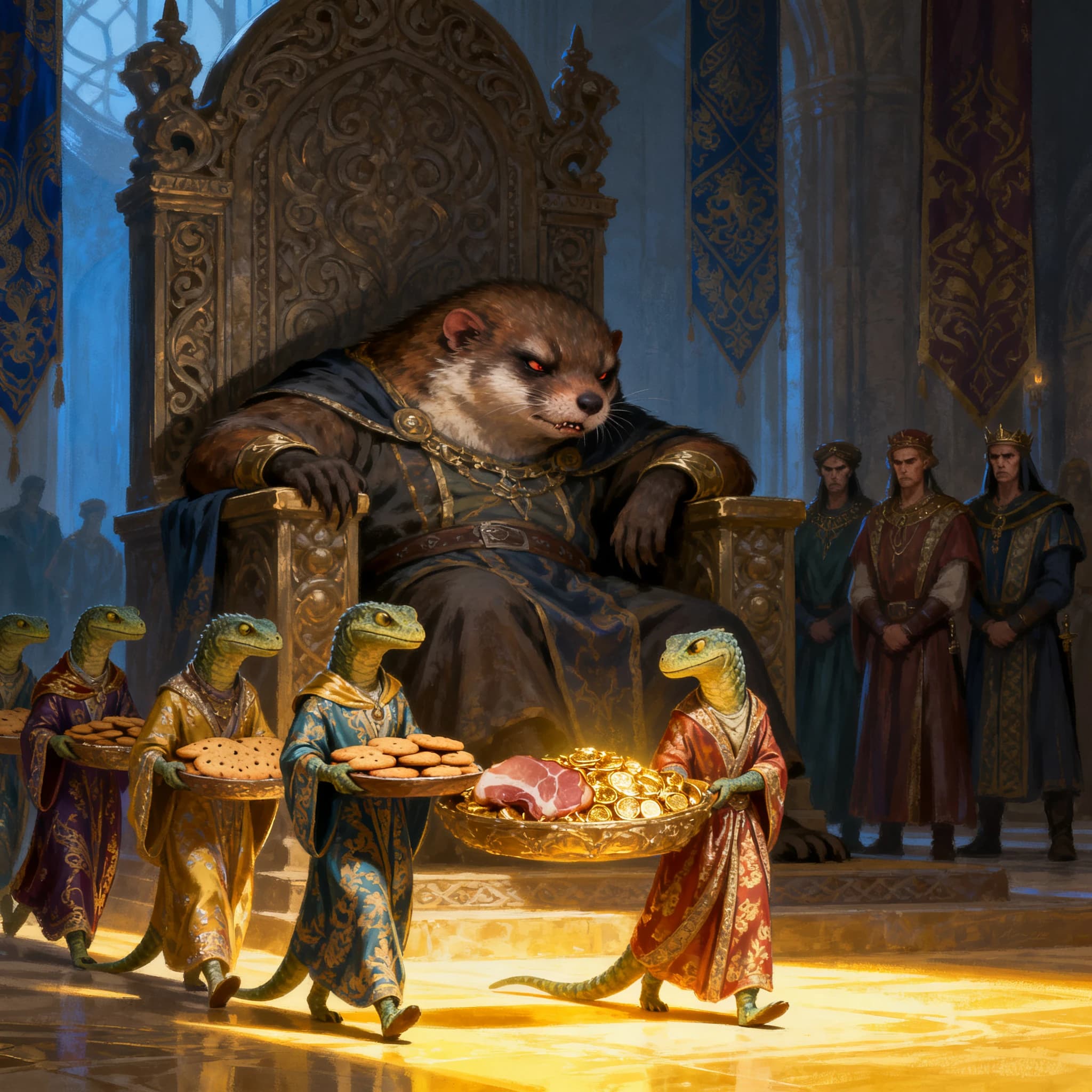 Big Weasel, the tyrannical ruler of the Levitus, slouches on his throne, his mood foul but somewhat brightened by the sight of gifts - a wearisome group of lizard traders adorned in fine silks proceed toward him through the hall with their annual tribute of biscuits, ham and gold - Big Weasel's favourites. Big Weasel's entourage looks on with stern approval.
