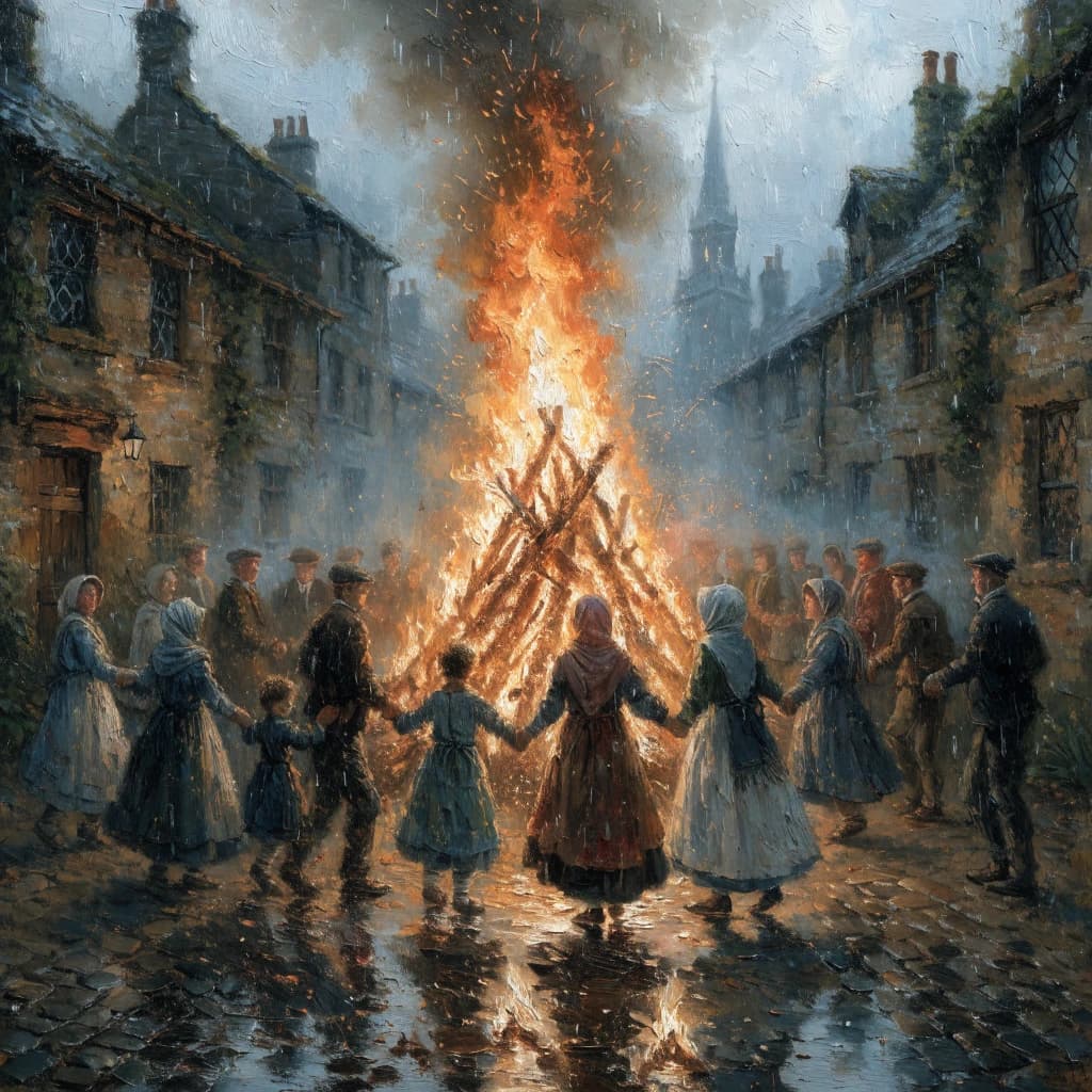 Make an oil painting of villagers dancing by a bonfire at dusk, a bit smoky.