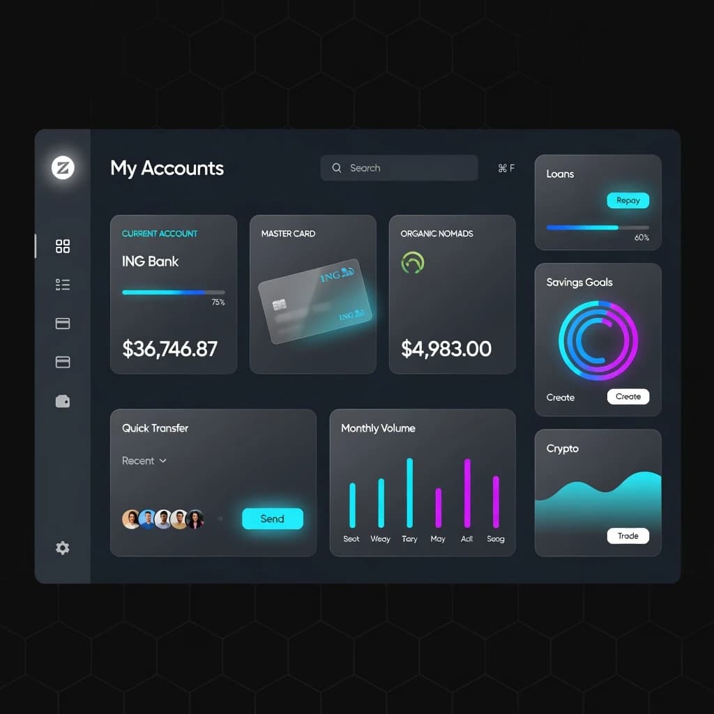 Dark mode banking dashboard with glassmorphism.