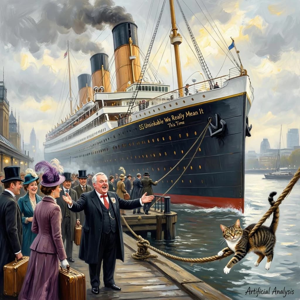 An impressionistic painting of the mighty steamer the "SS Unsinkable We Really Mean It This Time" on a cloudy but bright London morning about to set out on her maiden voyage. A jubilant crowd is gathered on the dock around the paunchy mayor who is making a speech, gesticulating wildly with his hands. The gangways are busy with well heeled ladies and gentlemen making their way onto the ship. A cheeky cat hangs over the water, clinging to the mooring rope after an ill-fated attempt to climb up. The artist has signed his name "Artificial Analysis" in the bottom corner