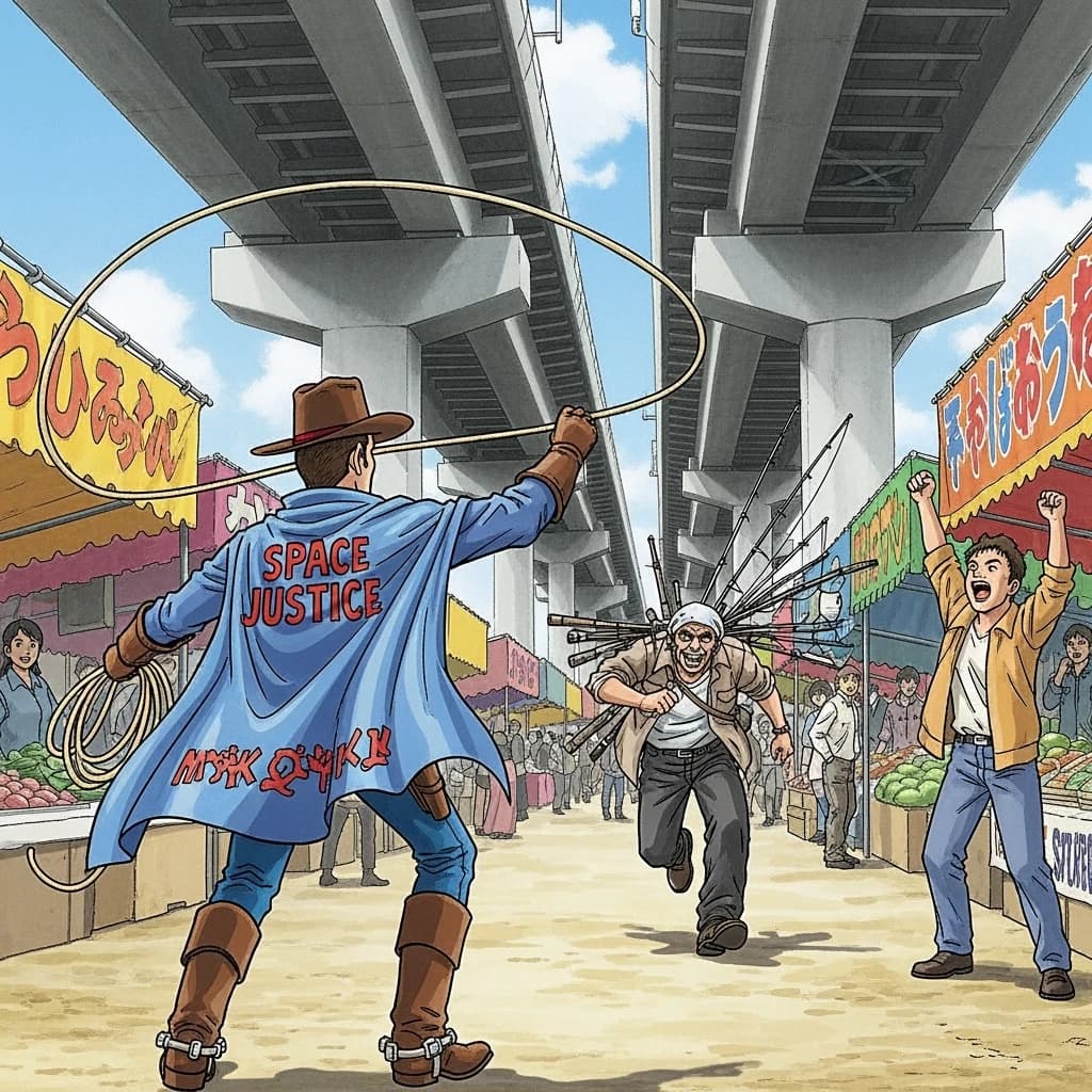 The space cowboy chases the deranged fisherman underneath the causeway, eager to collect on his bounty. Fishing rods and lines hang off the back off the fishermen as he darts between the bustling market crowd. We see the back of the space cowboy in his space poncho emblazoned with the words SPACE JUSTICE, spinning his lasso over his head. A child on the sidelines excitedly cheers the cowboy. 1990s hand drawn anime style with strong fluidity