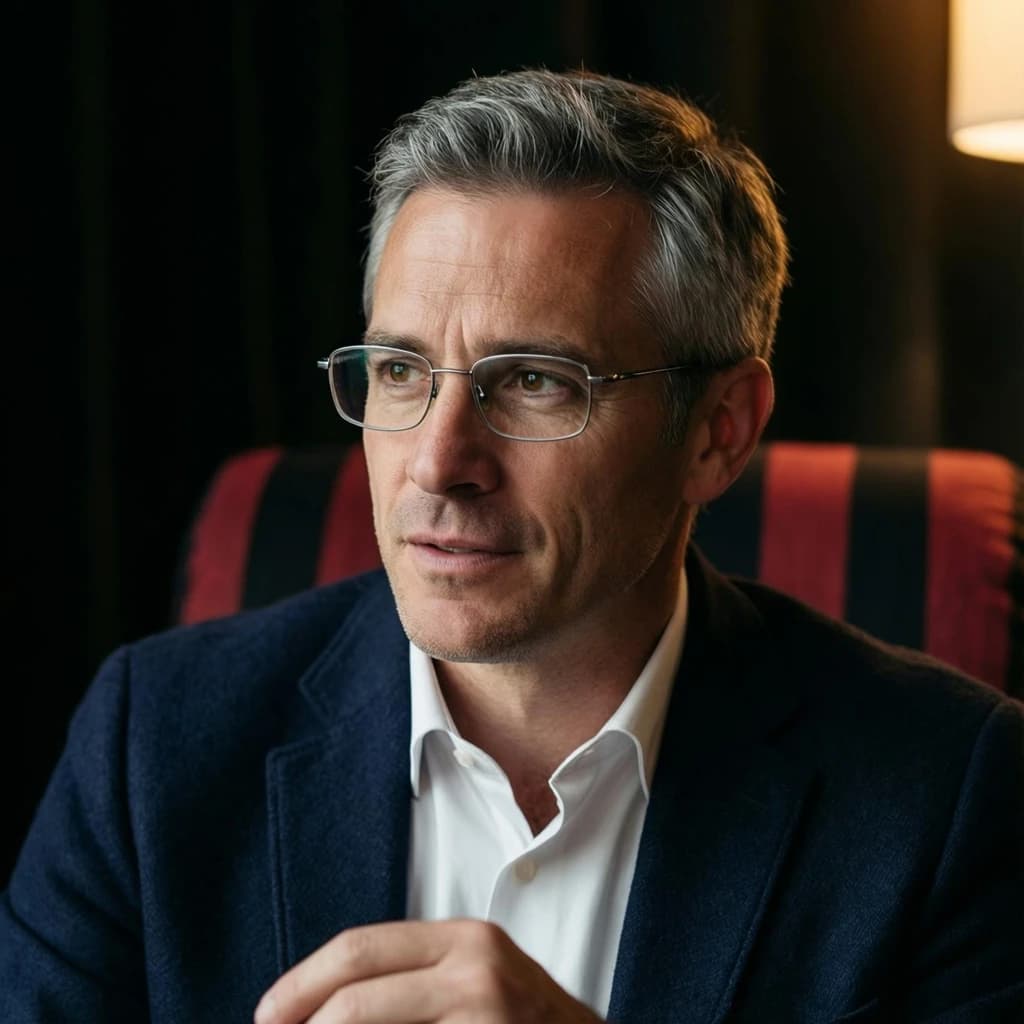 A sharply lit portrait of a middle-aged man wearing thin-rimmed glasses and a dark jacket over a white collared shirt. He gazes intently to the side, his face half illuminated by warm light while the background recedes into deep shadow. The expression is thoughtful, almost wary, as if caught mid-conversation. Behind him, a striped cushion in muted reds and blacks adds subtle texture, contrasting with the crisp highlights on his forehead and glasses. The overall mood is contemplative and cinematic, balancing warmth with tension.