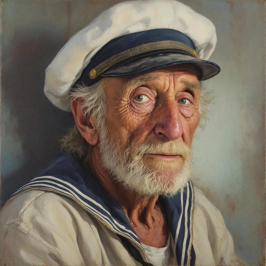 Oil on canvas portrait of an elderly sailor, weathered face, soft light.