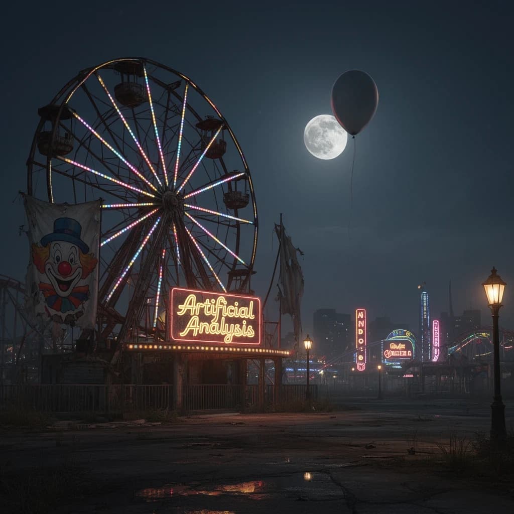 A deserted amusement park glows faintly under a half-moon. The ferris wheel is rusting yet strung with fresh, blinking LED lights. A torn clown banner flaps in a windless air. A lone balloon floats upward, tethered to nothing, while in the far distance city lights flicker on - some neon, some gas lamps as though from another century. 'Artificial Analysis' glows in neon