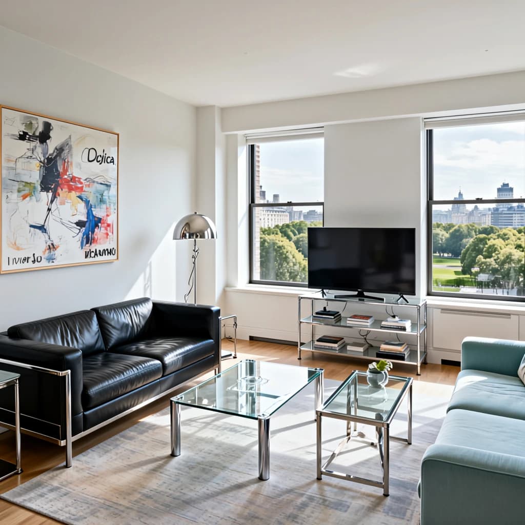 My apartment overlooks Central Park. It’s very luxurious, very expensive, and the furniture is minimal — a black leather couch, a glass coffee table with chrome legs, an Arne Jacobsen floor lamp. A big-screen television set rests on a steel shelving unit. A David Onica painting hangs above the couch. There’s a stainless steel and glass cocktail table. A powder-blue sofa. A thirty-inch digital TV.