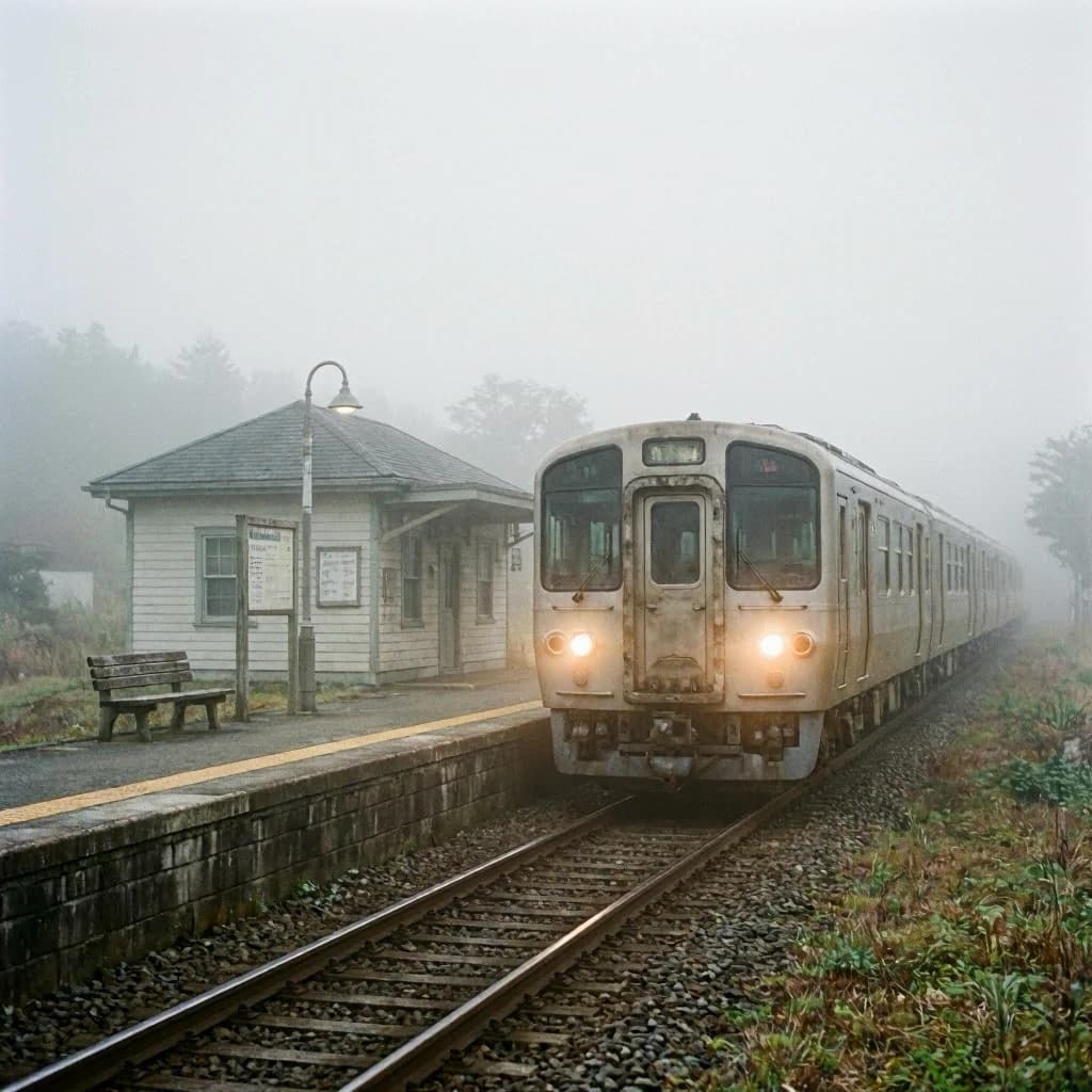 A commuter train enters a foggy little station.