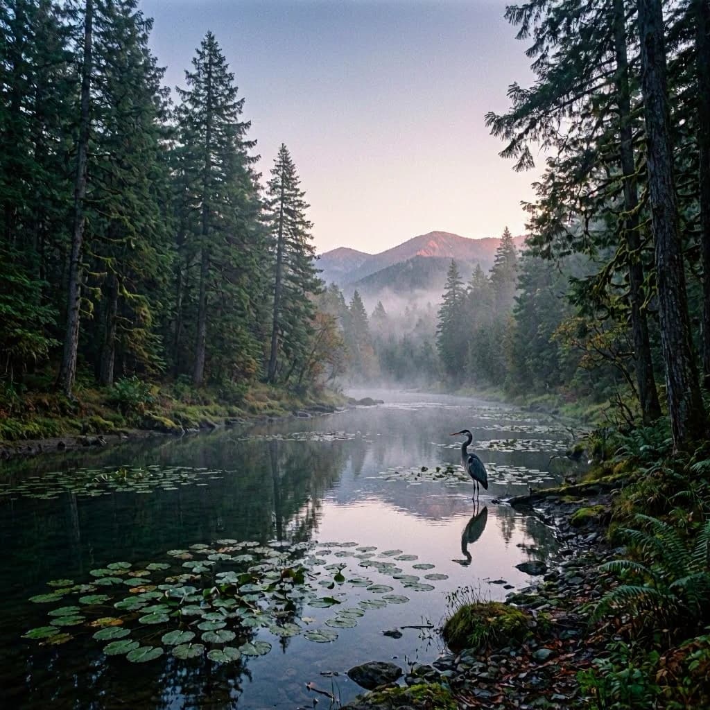 With pre-dawn mist along a cedar forest river and glassy water dotted with lily pads, distant mountains blush pink, and a heron stands still like it forgot what to do next.