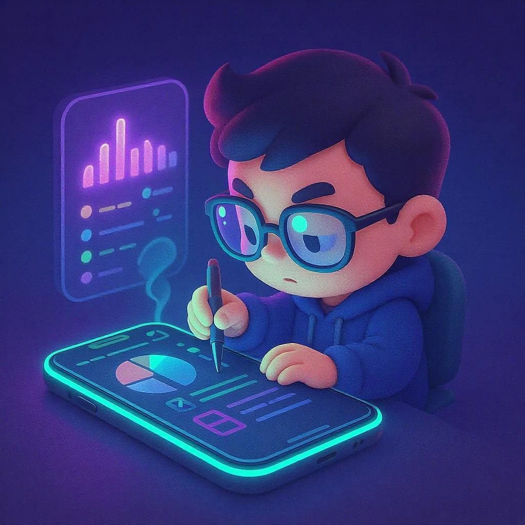 A chibi artist crafts a sleek mobile dashboard, neon pastel glow.