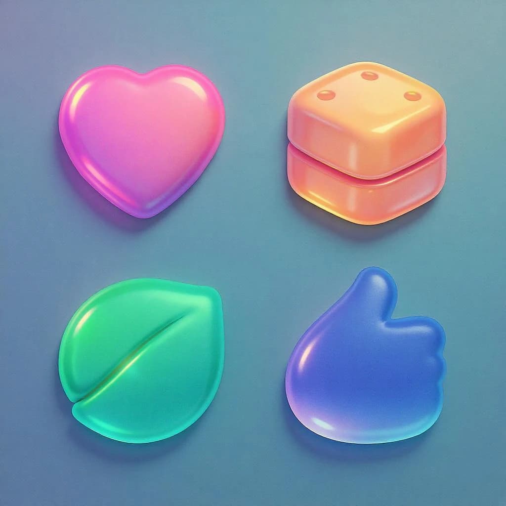 Design a glossy 3D icon set with smooth gradients.