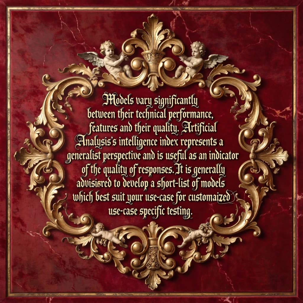 On a flat layout, write in an ornate baroque style "Models vary significantly between their technical performance, features and their quality. Artificial Analysis's intelligence index represents a generalist perspective and is useful as an indicator of the quality of responses. It is generally advisable to develop a short-list of models which best suit your use-case for customized use-case specific testing. "