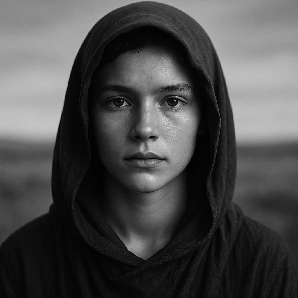 A dramatic black-and-white portrait of a young person draped in a hooded garment, their face framed by the hood's dark folds. Their skin tone and the subtle sheen on their cheeks create striking tonal contrast against the deep shadows. Their eyes are piercing, looking directly into the lens with a calm, steady intensity—neither confrontational nor submissive, but deeply present. The texture of the fabric is visible: it's dense, slightly weathered, and whisper-thin creases catch the light. In the background, an expansive, out-of-focus landscape suggests open space—perhaps distant plains or water—though the details remain soft and abstract. The overall mood is silent yet powerful, poised between vulnerability and resilience, with every highlight and shadow telling part of their story.