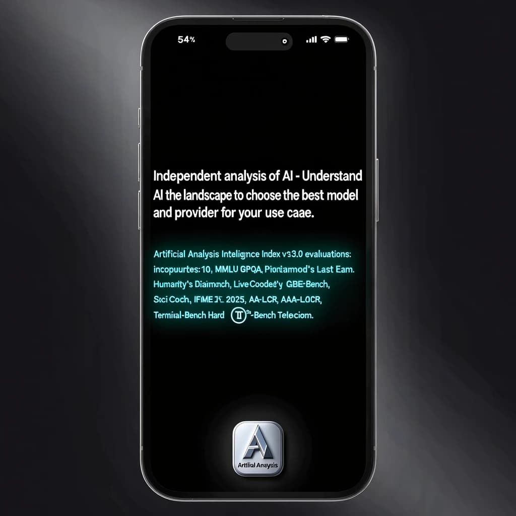 On a black smartphone UI with rounded corners, display a centered text block in white San Francisco font, 16pt: “Independent analysis of AI - Understand the AI landscape to choose the best model and provider for your use case.” Below, in neon cyan, monospace font, smaller size: “Artificial Analysis Intelligence Index v3.0 incorporates 10 evaluations: MMLU-Pro, GPQA Diamond, Humanity's Last Exam, LiveCodeBench, SciCode, AIME 2025, IFBench, AA-LCR, Terminal-Bench Hard, 𝜏²-Bench Telecom.” The second block scrolls horizontally as a ticker. The battery icon in the status bar shows 54%. The Artificial Analysis logo appears faintly, embossed into the bottom navigation bar.