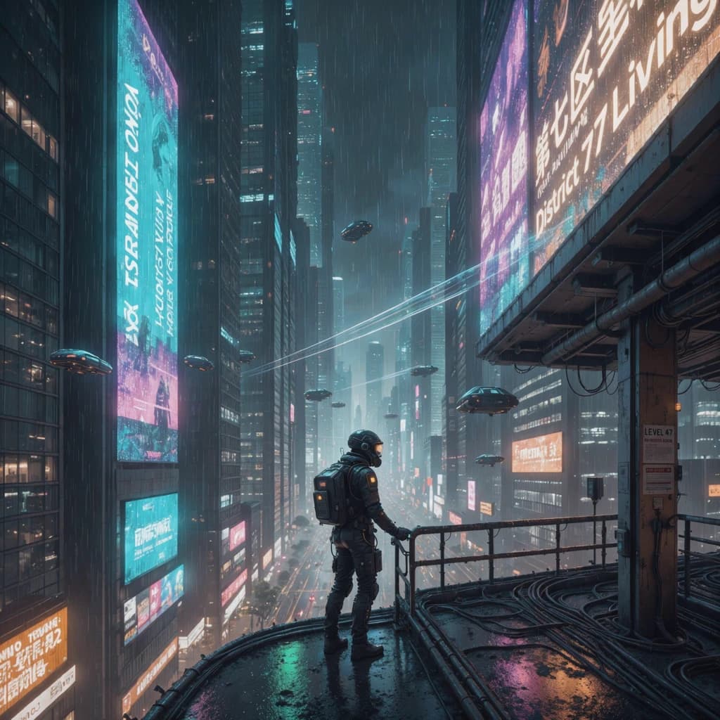 Rain-soaked neon megacity at night, flying taxis weave between glass towers, giant holograms flicker; a lone courier in a matte exosuit, somewhat cinematic wide angle.