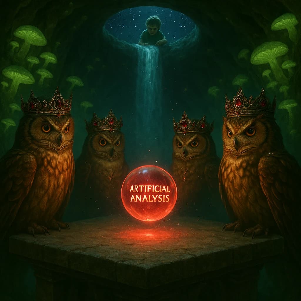 In a cavern lined with bioluminescent fungi glowing lime green, the council of owls wear jeweled crowns that glimmer with rubies, their wings folded behind their backs. Dust coats the stone table, a glowing orb inscribed with “Artificial Analysis” hovers above the table illuminating the owls with its red pulsating light. Behind them, a waterfall falls upward into a ceiling that opens onto stars - a child looks down in wonder from above at what he has stumbled across.