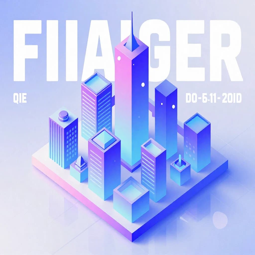 Render an isometric city poster with geometric buildings, neon gradients, gloss highlights, soft AO shadows, clean sans-serif lettering, grid layout, reflections a bit overexposed.