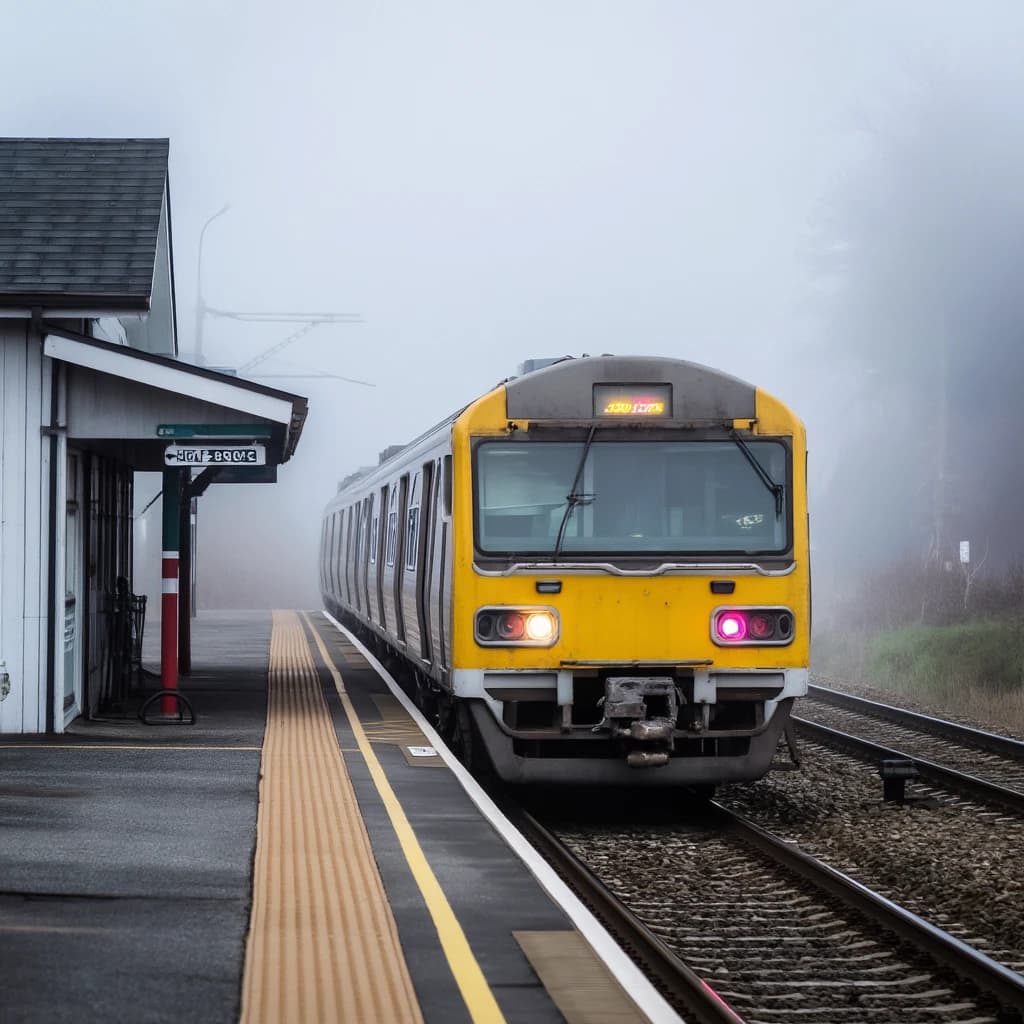 A commuter train enters a foggy little station.