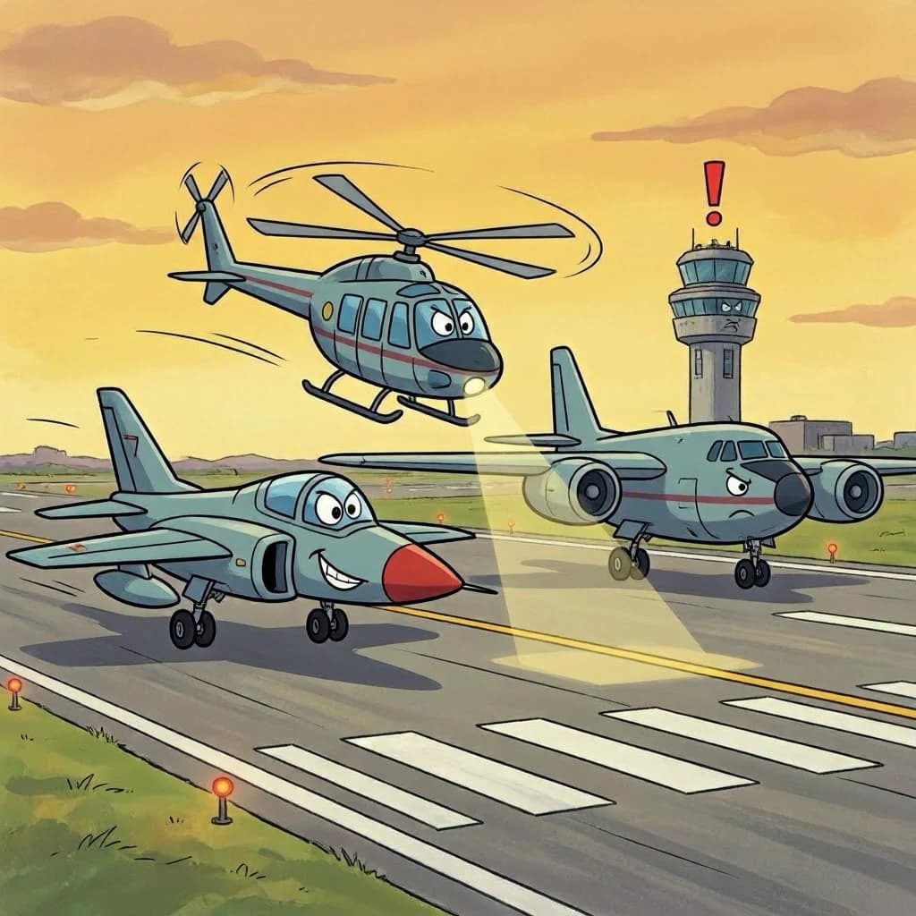 Almost at the runway, Fred the Fighter Jet is racing with Barry the Bomber to see who lands first. Fred has a mischievous trick up his sleeve but Hermione the Helicopter is going to stop him before he gets the chance. The control tower is very angry and has a big exclamation mark. Hand drawn cel look