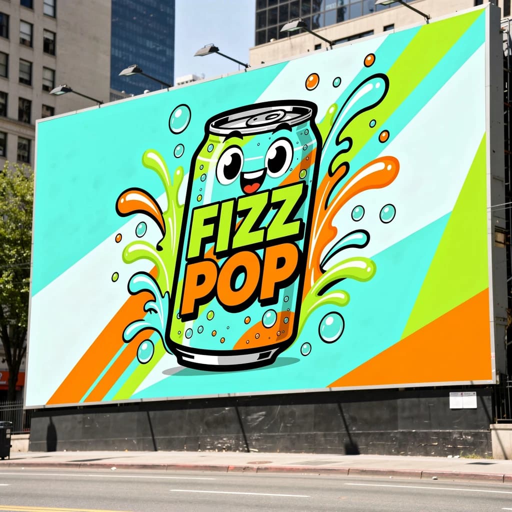 Design a bright soda billboard ad with a bubbly can mascot, thick inky lines.