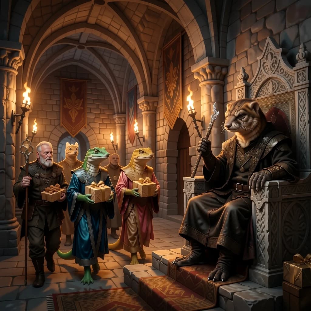 Big Weasel, the tyrannical ruler of the Levitus, slouches on his throne, his mood foul but somewhat brightened by the sight of gifts - a wearisome group of lizard traders adorned in fine silks proceed toward him through the hall with their annual tribute of biscuits, ham and gold - Big Weasel's favourites. Big Weasel's entourage looks on with stern approval.