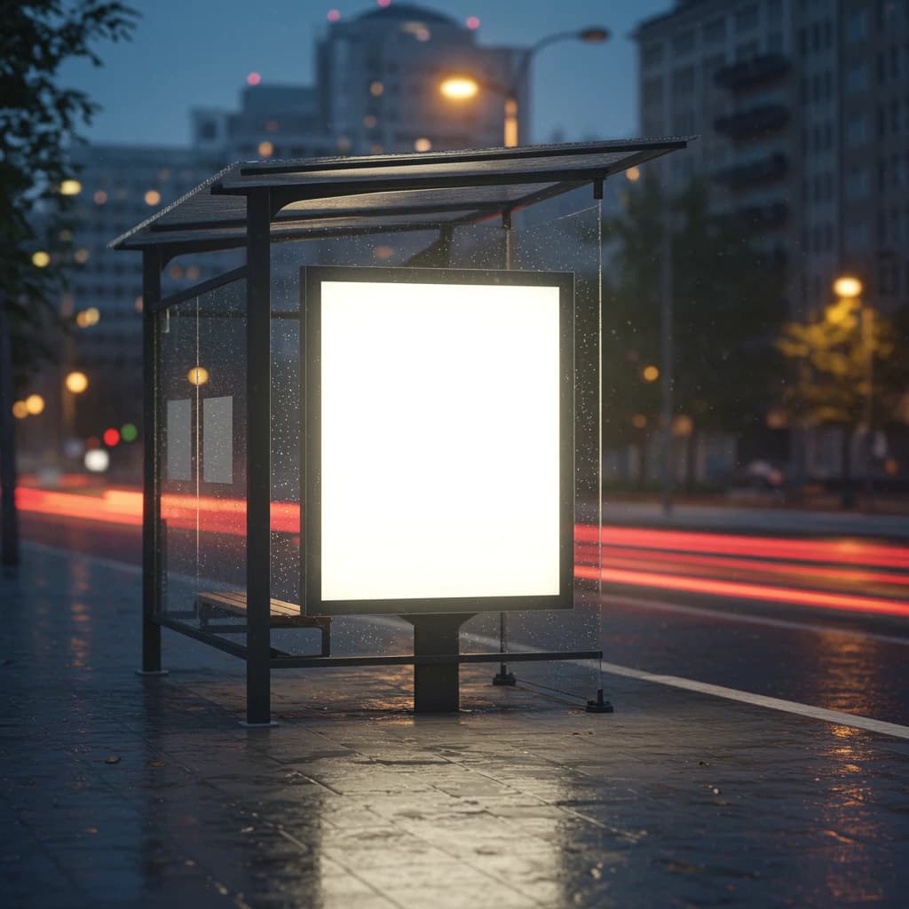 Show a billboard mockup at dusk: glass bus stop shelter, glowing lightbox, blank ad panel, city blur, raindrops, space for copy, looks premium but a bit gritty.