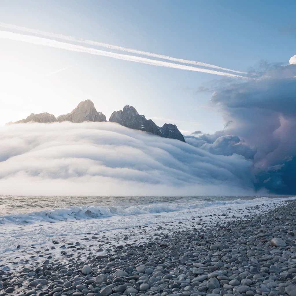 A stunning mountain vista pokes through the cloud top. Contrails from a distant airplane linger in the air. In the foreground there is a stony beach with foamy seas. A thunder storm is visibile in the distant right.