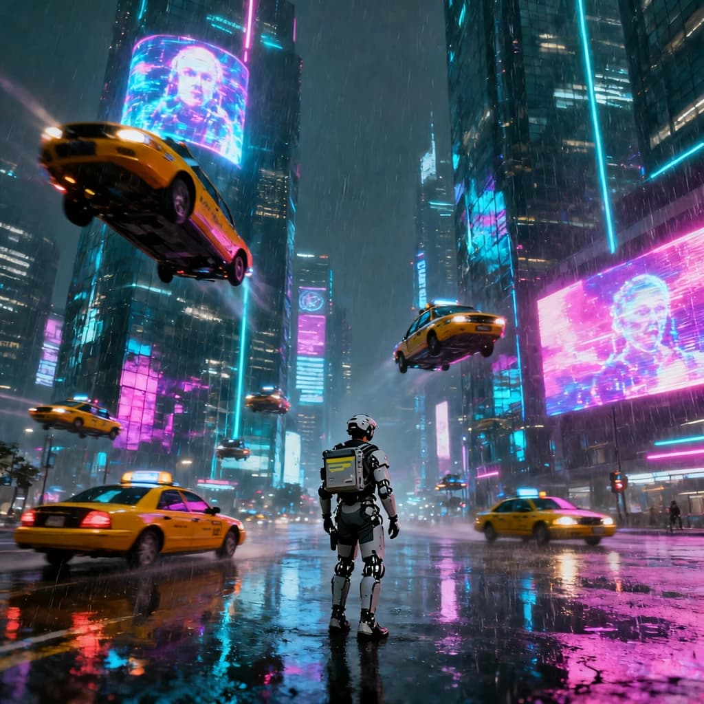 Rain-soaked neon megacity at night, flying taxis weave between glass towers, giant holograms flicker; a lone courier in a matte exosuit, somewhat cinematic wide angle.