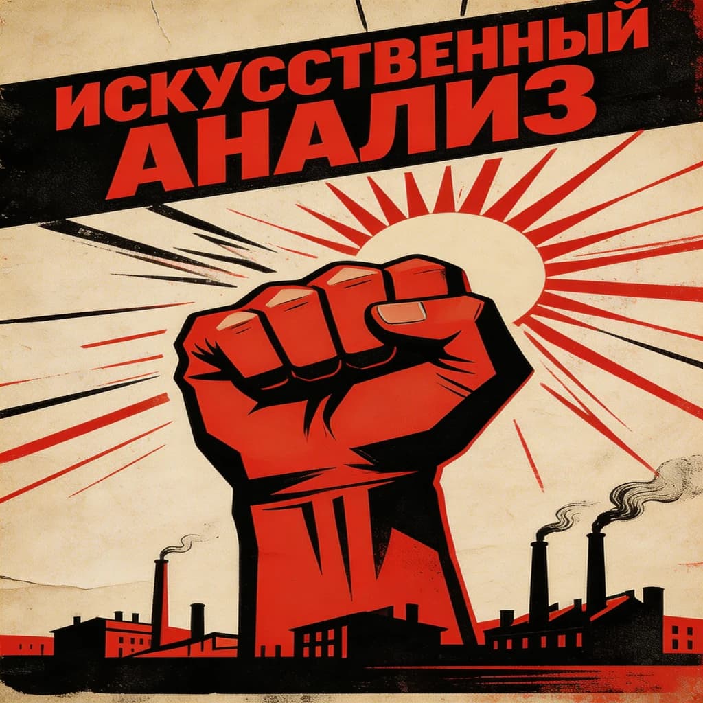 A propaganda poster in stark red, black, and beige. A clenched fist rises in the foreground, rendered with sharp geometric blocks. Behind it, radiating lines stretch upward toward a stylized sun. At the top, bold sans-serif lettering in Cyrillic-inspired type spells out Artificial Analysis, tilted at an angle for emphasis. A factory skyline silhouettes the bottom edge, smoke stacks rising into the background. The texture is rough, printed on aged paper with visible creases and ink bleed. Designed in the constructivist Soviet poster style.