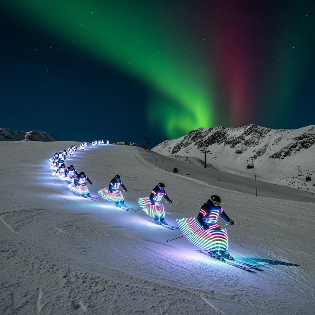 Coronet Peak Night Skiing: Skiers in colorful LED suits carve their way down the slopes of New Zealand's Coronet Peak under the Aurora Borealis, the skiers' light trails visible behind them