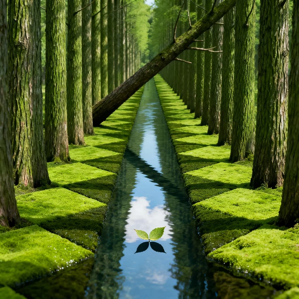The forest is saturated green, trees identical in height and width, trunks straight, bark texture repeating. One trunk leans diagonally yet the branches remain vertical. The moss is emerald, glistening, though each patch forms identical diamond shapes. A stream runs straight, perfectly linear, water clear, reflecting clouds not visible in the sky. No animals, no insects, but one leaf floats on the water, doubled, showing two overlapping shadows.
