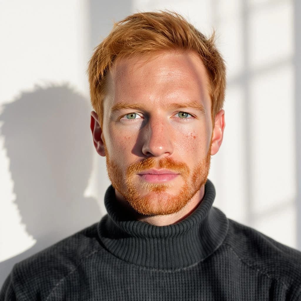 Shoot a natural light headshot of a red-haired man with freckles, green eyes.