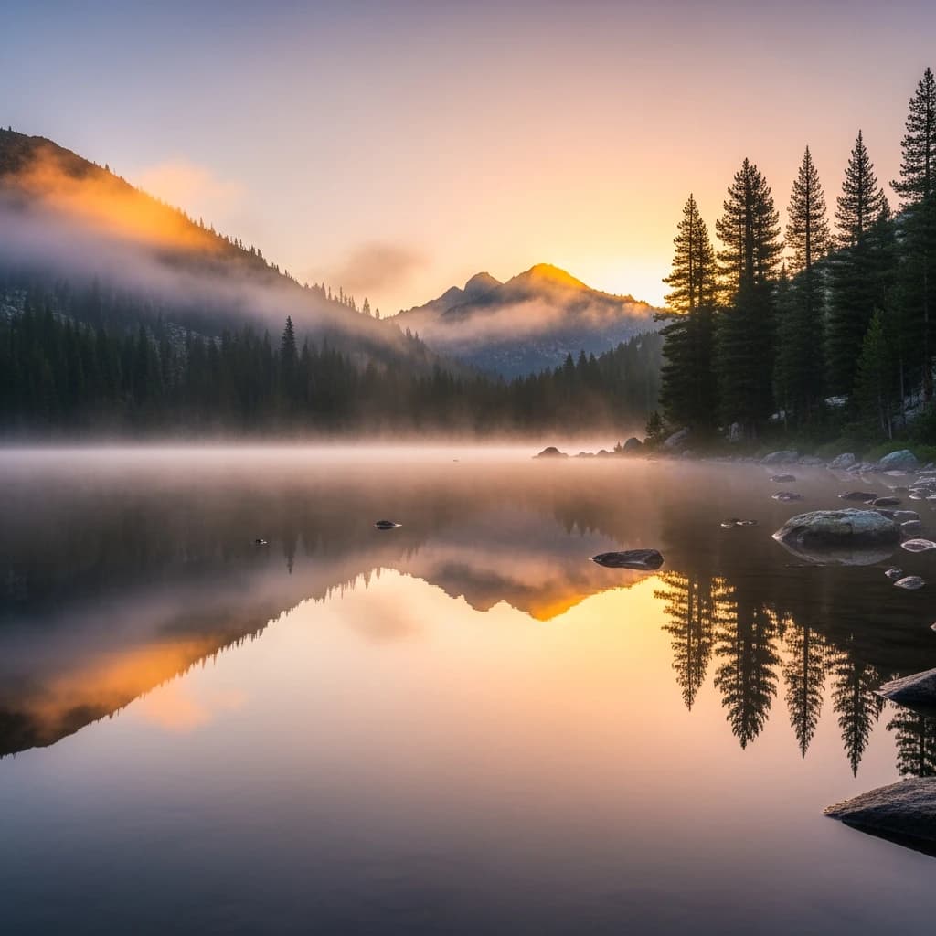 I want a photo of a misty alpine lake at dawn, pines, glassy water, warm light.
