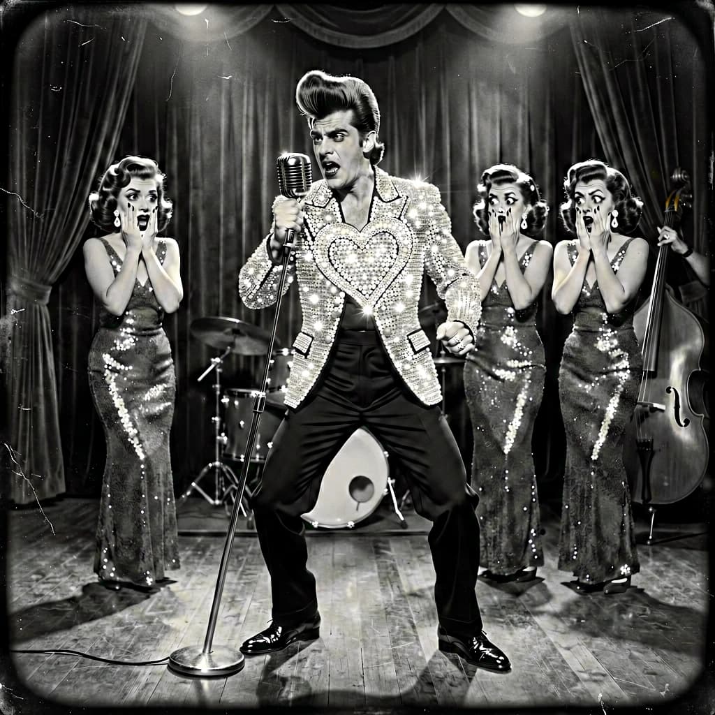 An archival image from 1953 of the rock singer swinging his hips on the stage while glamorous back up singers feign shock at his gyrations! He wears a diamond encrusted jacket with the stones arranged in the shape of a heart