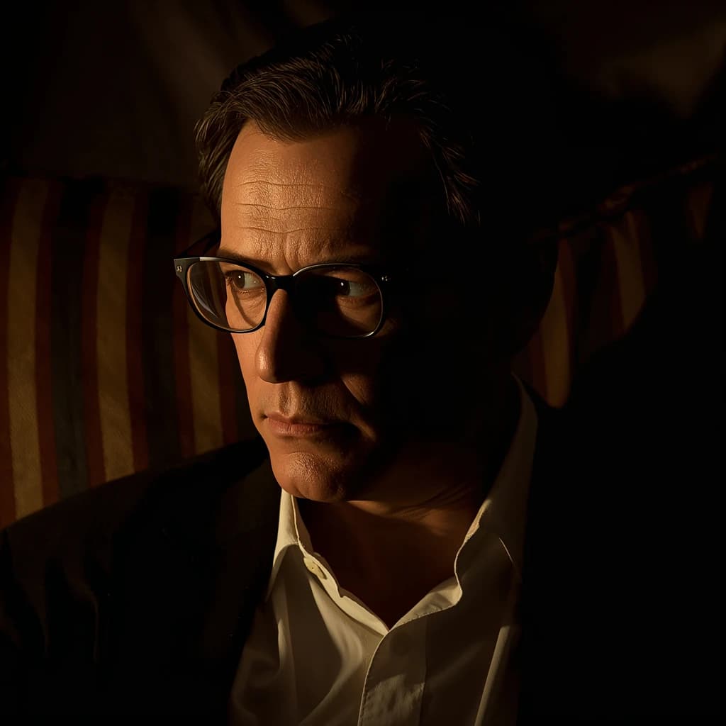 A sharply lit portrait of a middle-aged man wearing thin-rimmed glasses and a dark jacket over a white collared shirt. He gazes intently to the side, his face half illuminated by warm light while the background recedes into deep shadow. The expression is thoughtful, almost wary, as if caught mid-conversation. Behind him, a striped cushion in muted reds and blacks adds subtle texture, contrasting with the crisp highlights on his forehead and glasses. The overall mood is contemplative and cinematic, balancing warmth with tension.