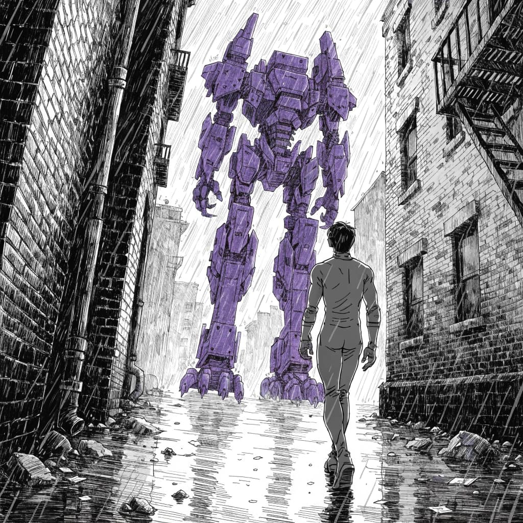 Clad in his body suit up to the neck, young Masa nervously approaches the towering mech with his back facing us. He is nervous for his first time in the field. The mech's bright purple colour scheme contrasts with the grey body suit. The scale of the mech dwarfs Masa. Hand drawn style