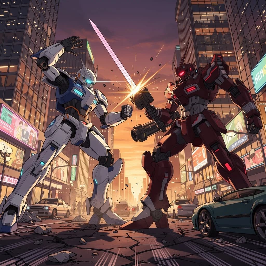 Make a cel-shaded mecha duel at dusk downtown.