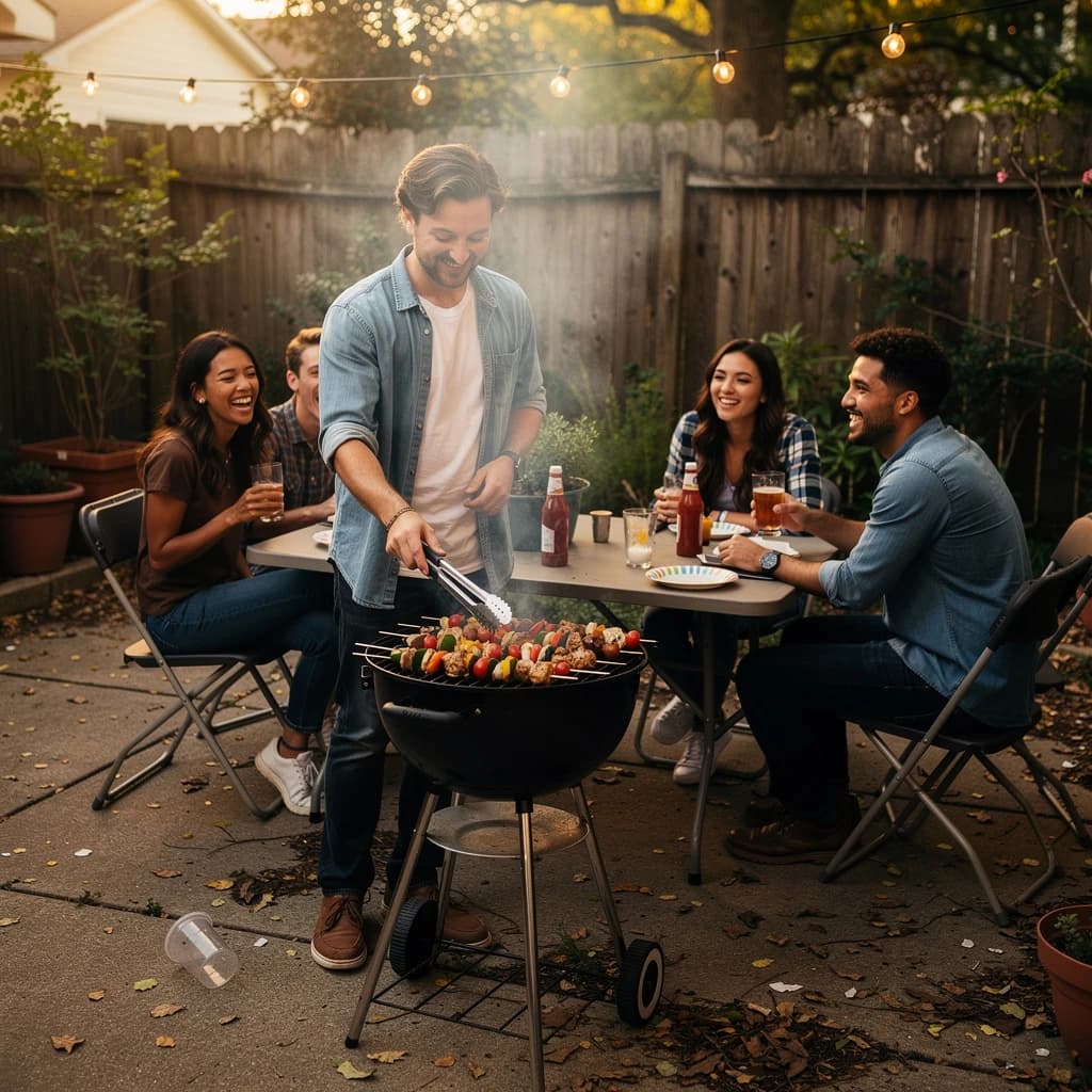 Friends grill skewers on a slightly messy patio.