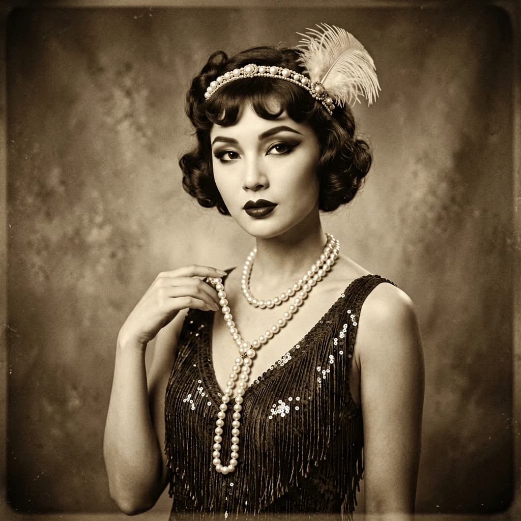 Sepia-toned studio portrait of a flapper with pearl necklace, soft grain.