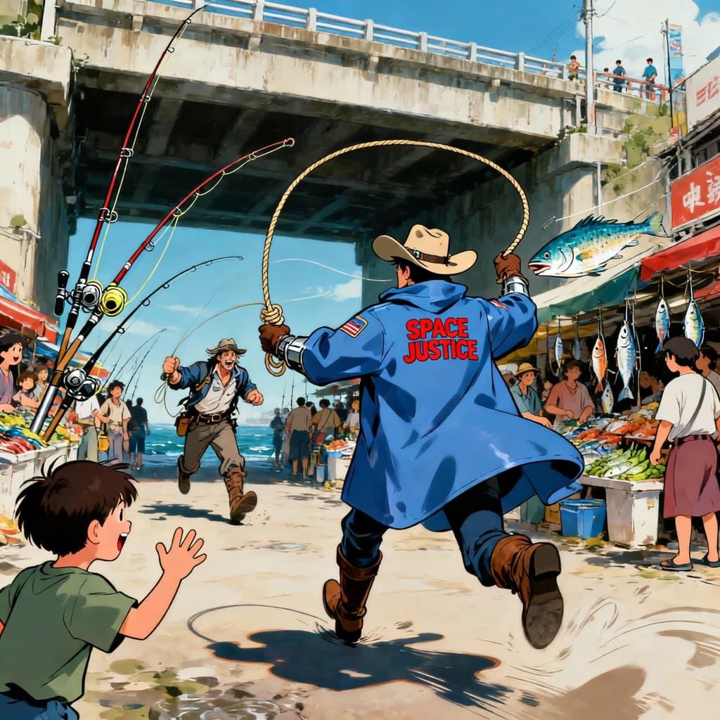 The space cowboy chases the deranged fisherman underneath the causeway, eager to collect on his bounty. Fishing rods and lines hang off the back off the fishermen as he darts between the bustling market crowd. We see the back of the space cowboy in his space poncho emblazoned with the words SPACE JUSTICE, spinning his lasso over his head. A child on the sidelines excitedly cheers the cowboy. 1990s hand drawn anime style with strong fluidity