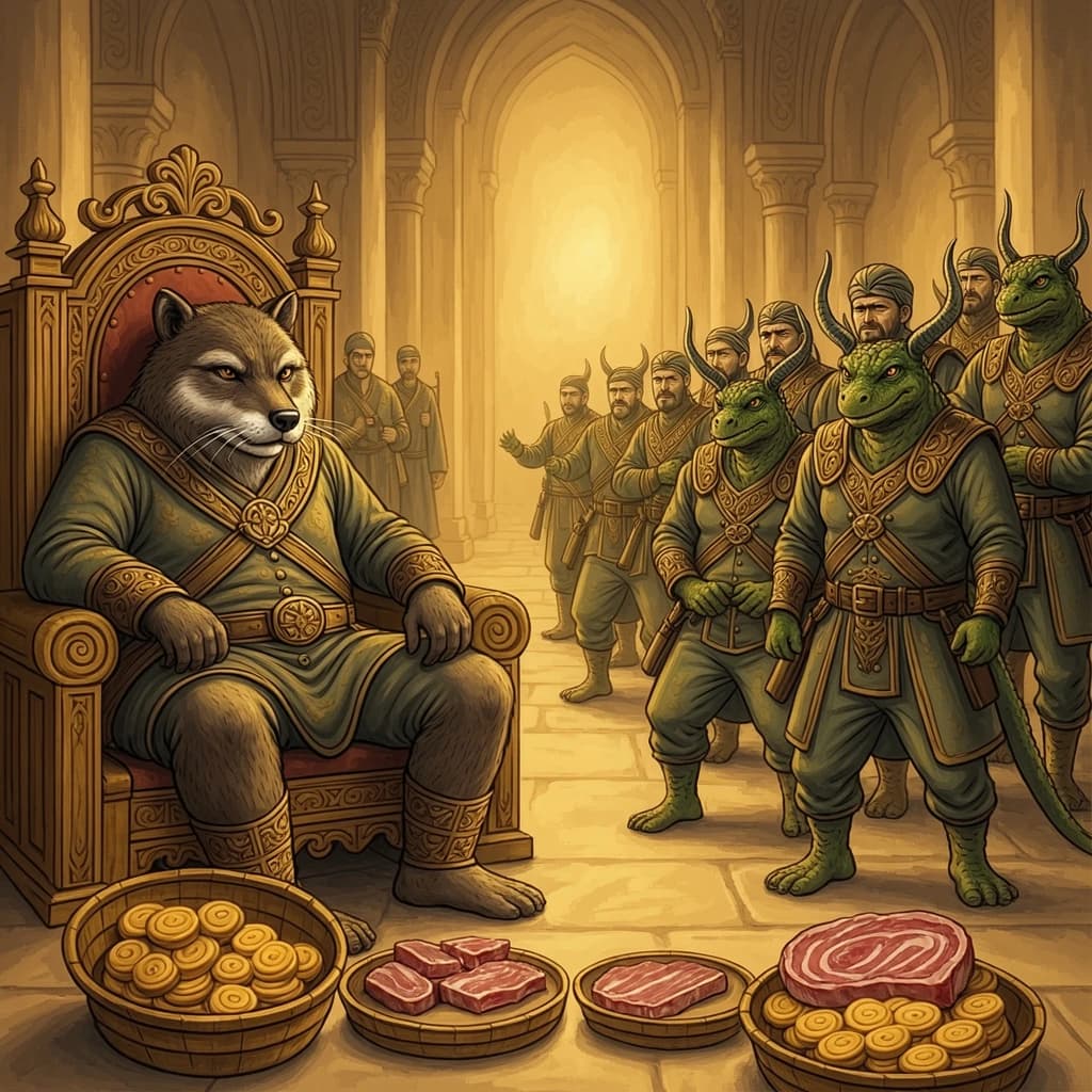 Big Weasel, the tyrannical ruler of the Levitus, slouches on his throne, his mood foul but somewhat brightened by the sight of gifts - a wearisome group of lizard traders adorned in fine silks proceed toward him through the hall with their annual tribute of biscuits, ham and gold - Big Weasel's favourites. Big Weasel's entourage looks on with stern approval.