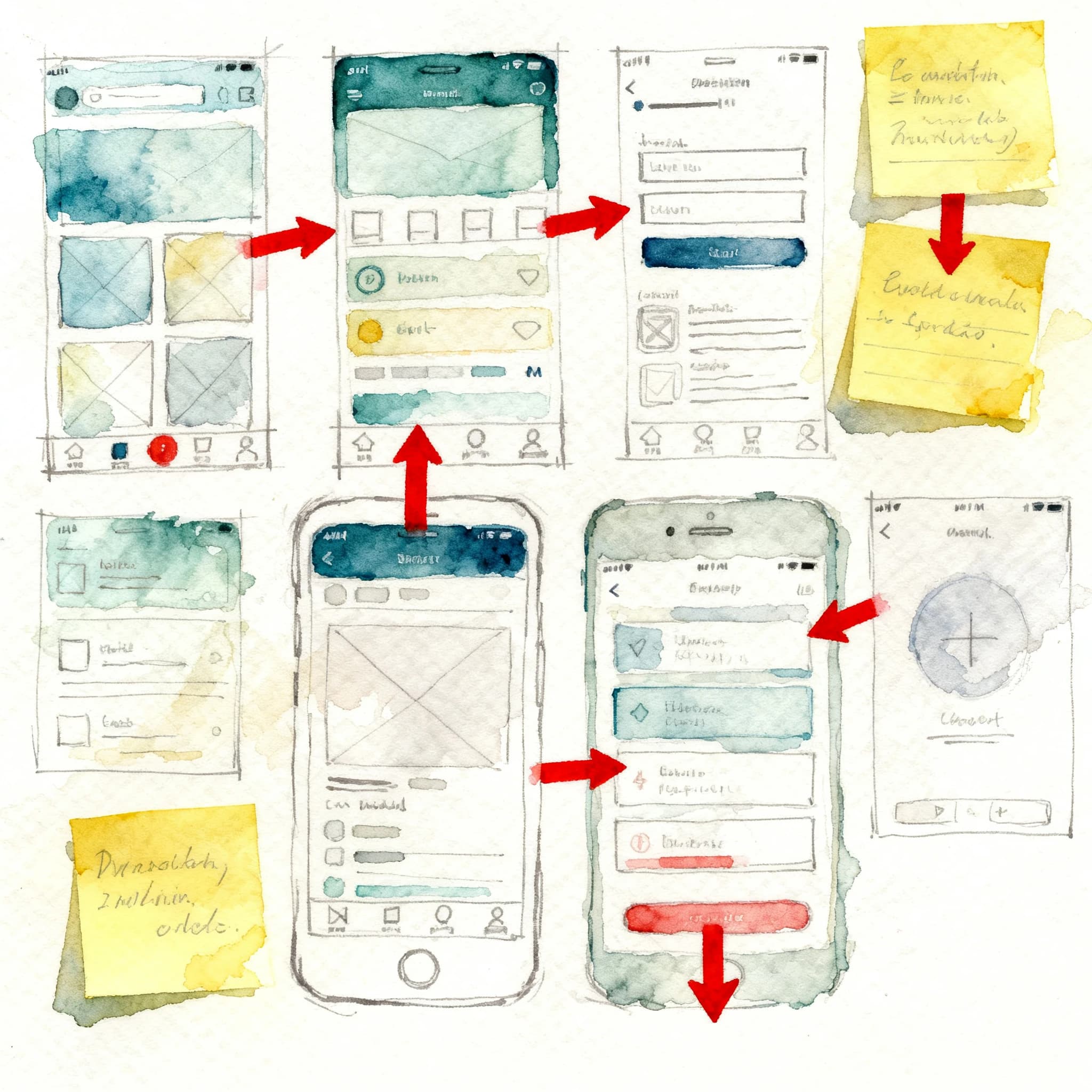 A rough watercolor of hand-drawn app wireframes, sticky notes, and red arrows.